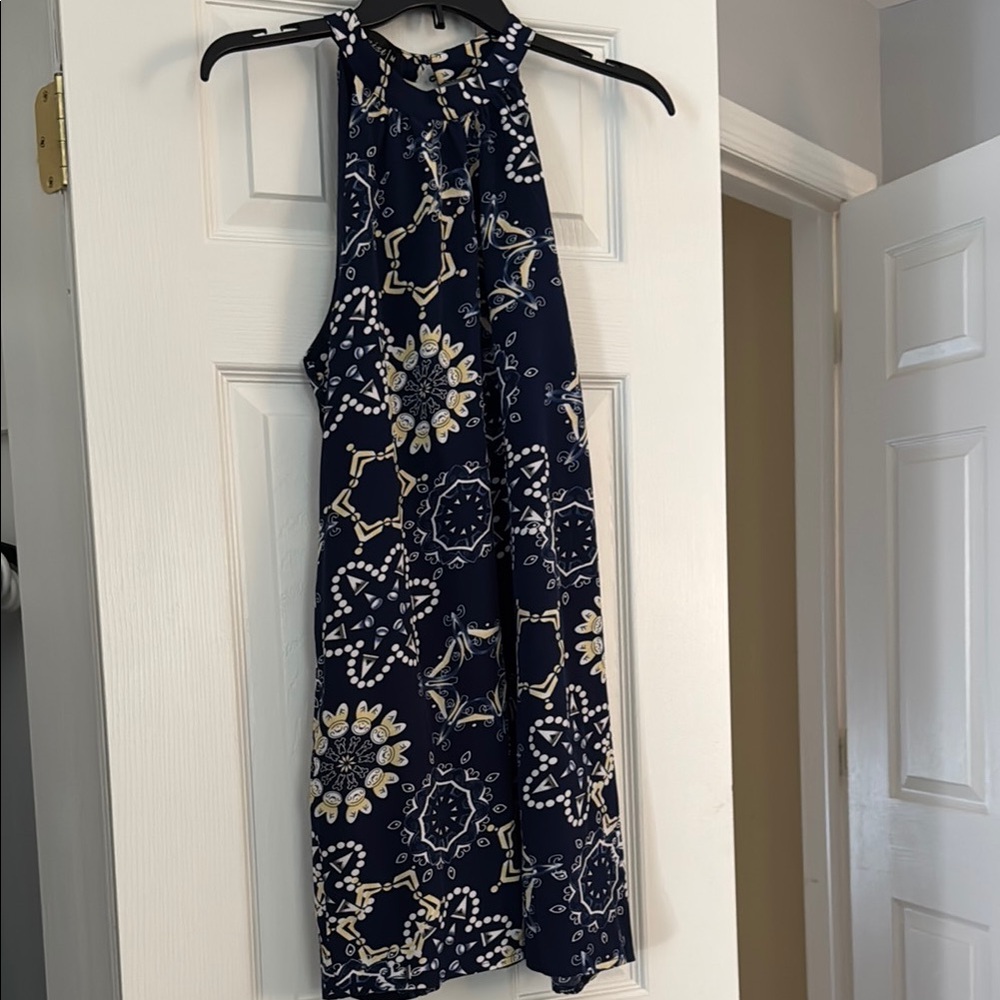 Navy Blue Sleeveless Patterned Dress